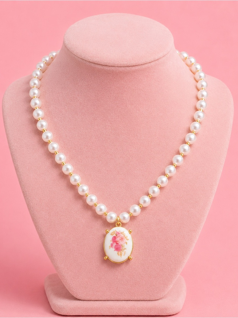 Vintage Rose Pearl Floral Gold Necklace - Picture 1 of 14